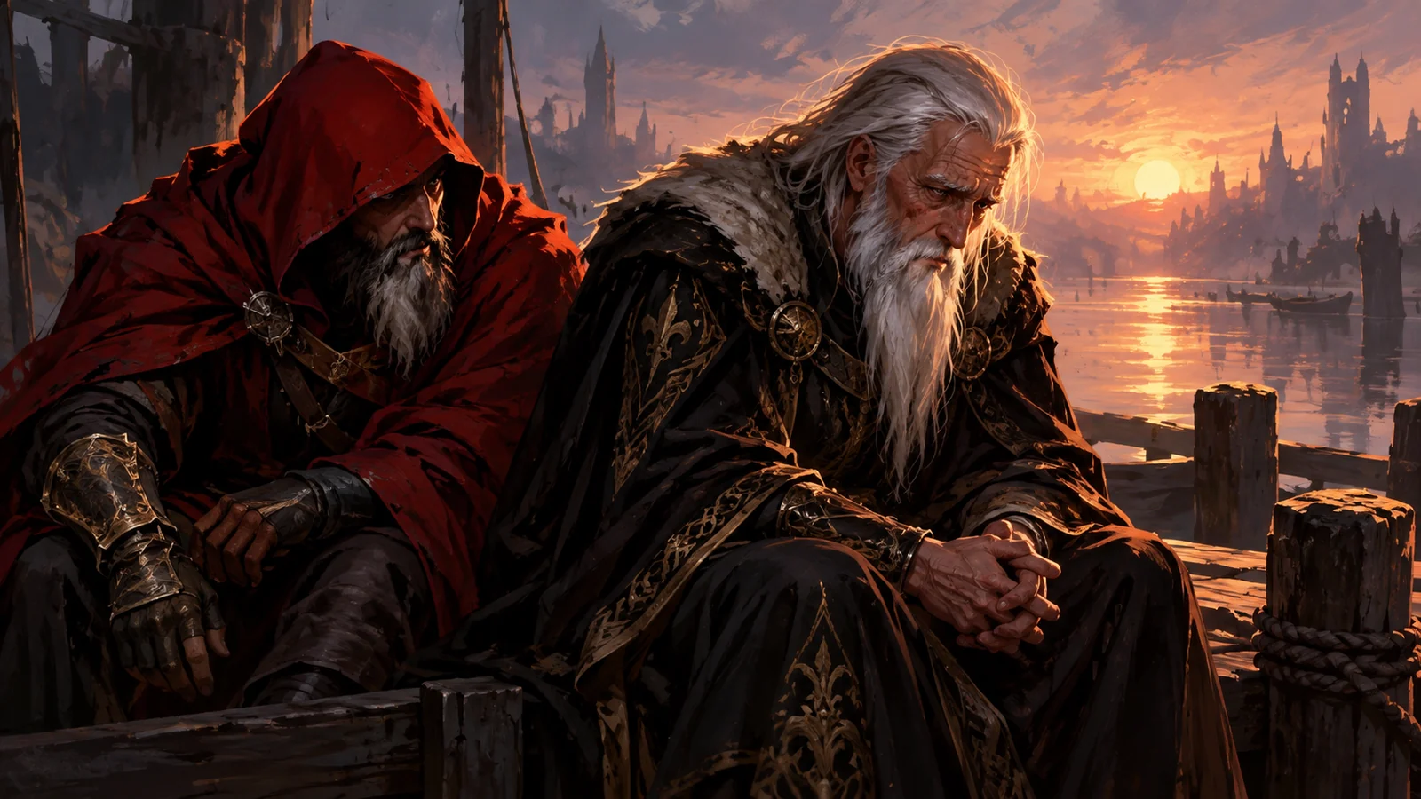 The white-haired Fisher King and a red-cloaked companion beside the water at sunset; Royal Suit scene illustration.