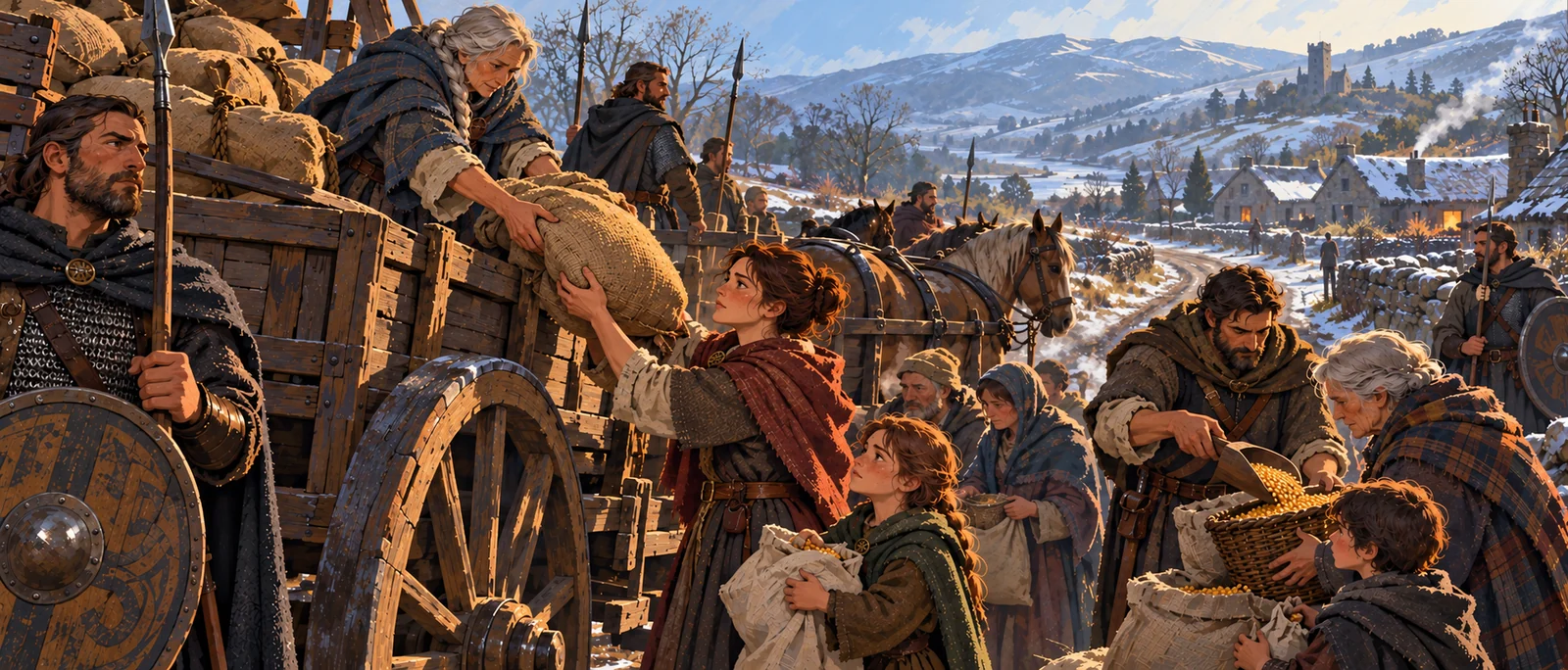 People receiving a delivery of grain; Royal Suit aftermath illustration.