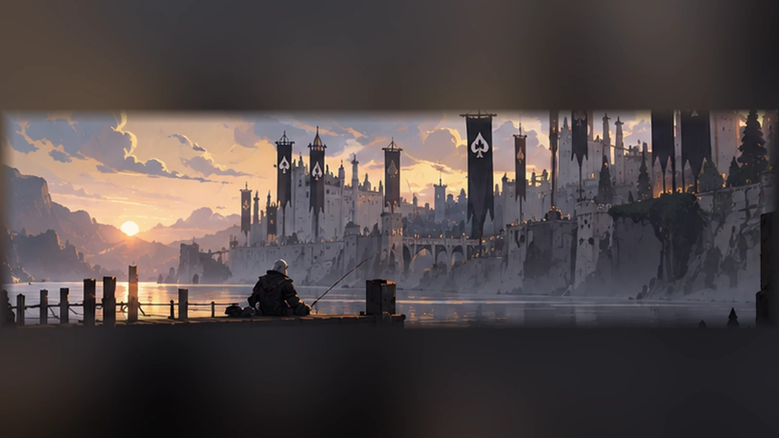 A fishing pier beneath a distant hilltop castle at dawn; Royal Suit world illustration.