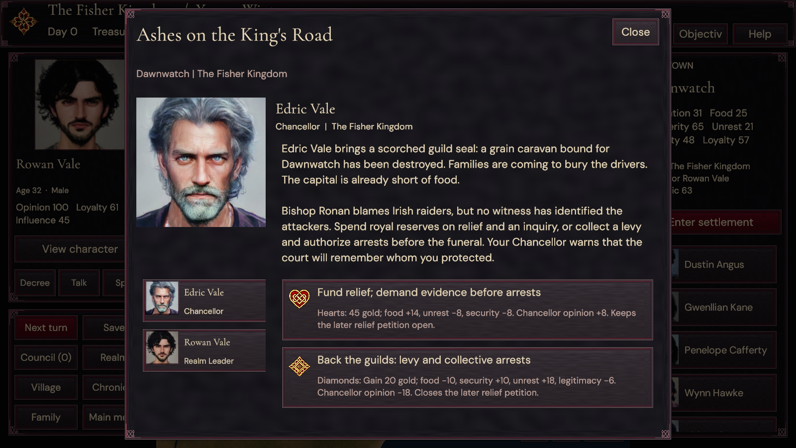 Actual development Council interface showing the Chancellor and ruler alongside a political decision.